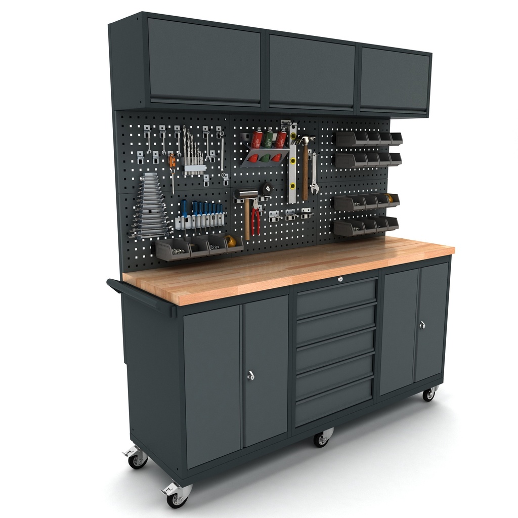 Établi mobile 2x 2 portes 5 tiroirs avec panneau arrière et l'armoire supérieure