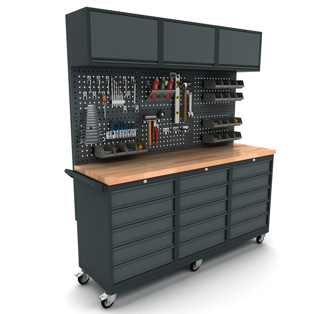 Verrijdbare werkbank 3x 5 laden kast incl. gereedschapswand en bovenkast