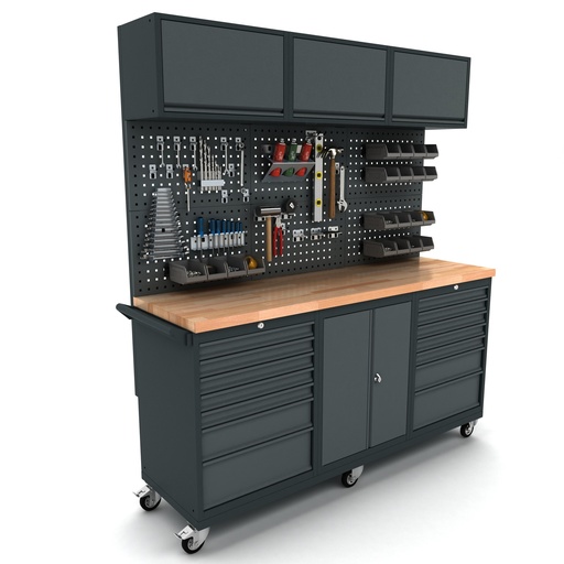 [WBG186M30] Werkbank mobil 2 Türen 2x7 Schubladenschrank inkl. Werkzeugwand und Oberschrank